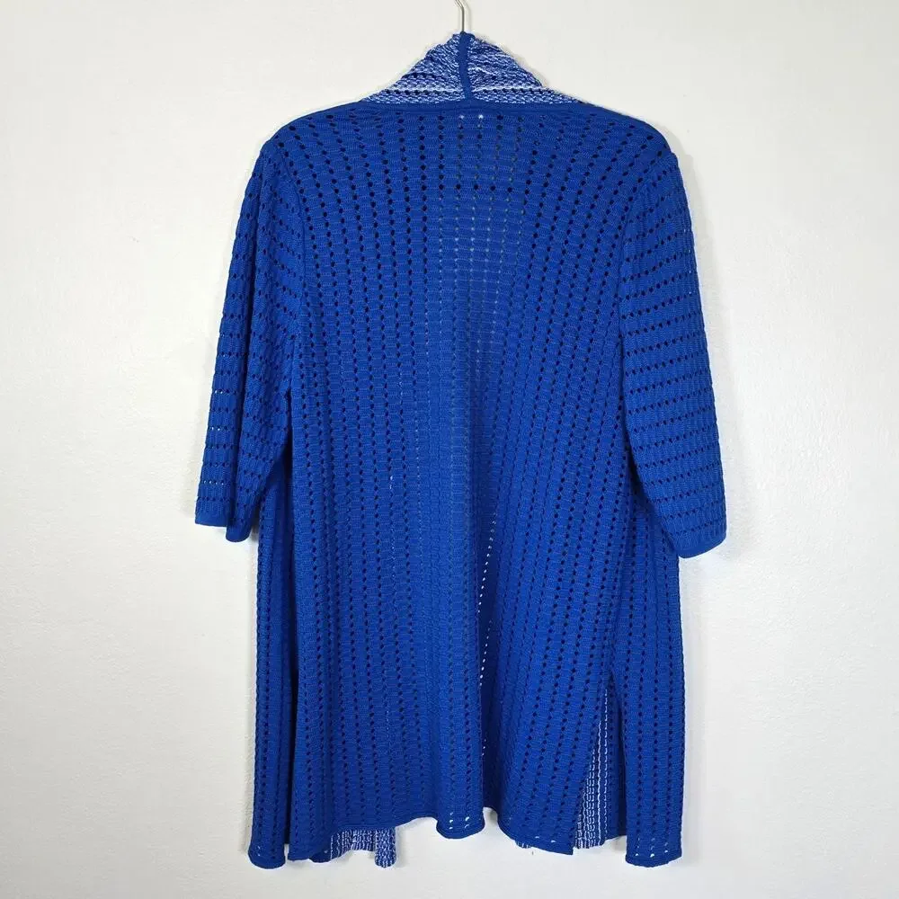 Ming Wang Cardigan Women's M Royal Blue White Open Knit Textural Classic Coastal - Picture 2 of 9